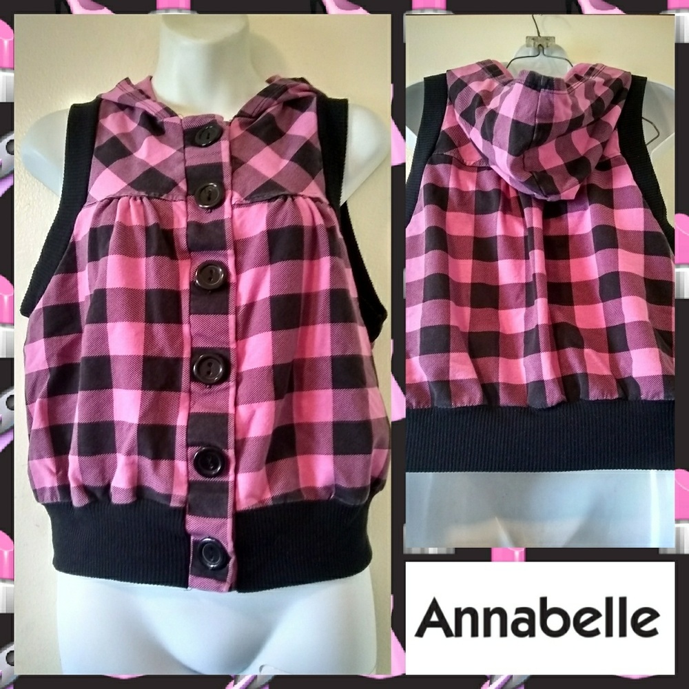 Annabelle Pink/Black Plaid Sleeveless Hooded Top M
